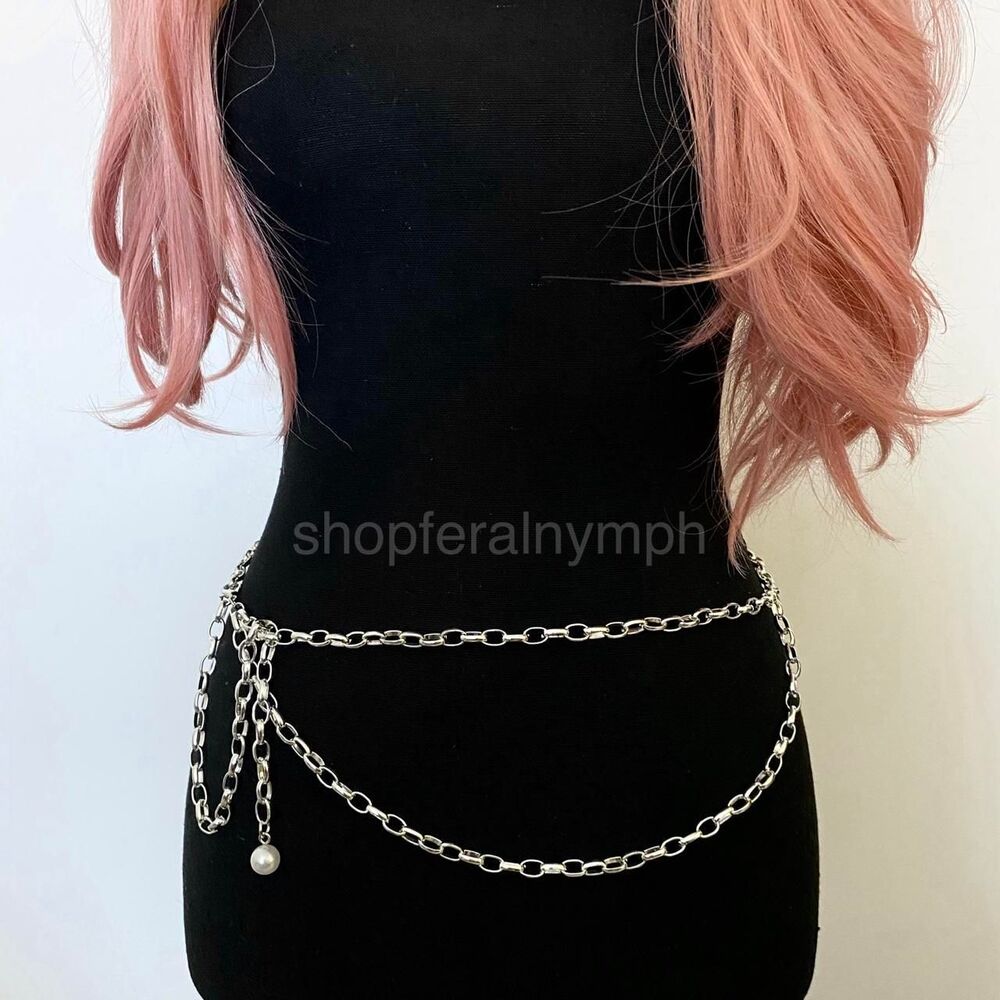 Silver Y2K Pearl Layered Draped Link Chain Belt, Fits 13.5-40.5 Inches, X7GA1283 - Picture 5 of 7